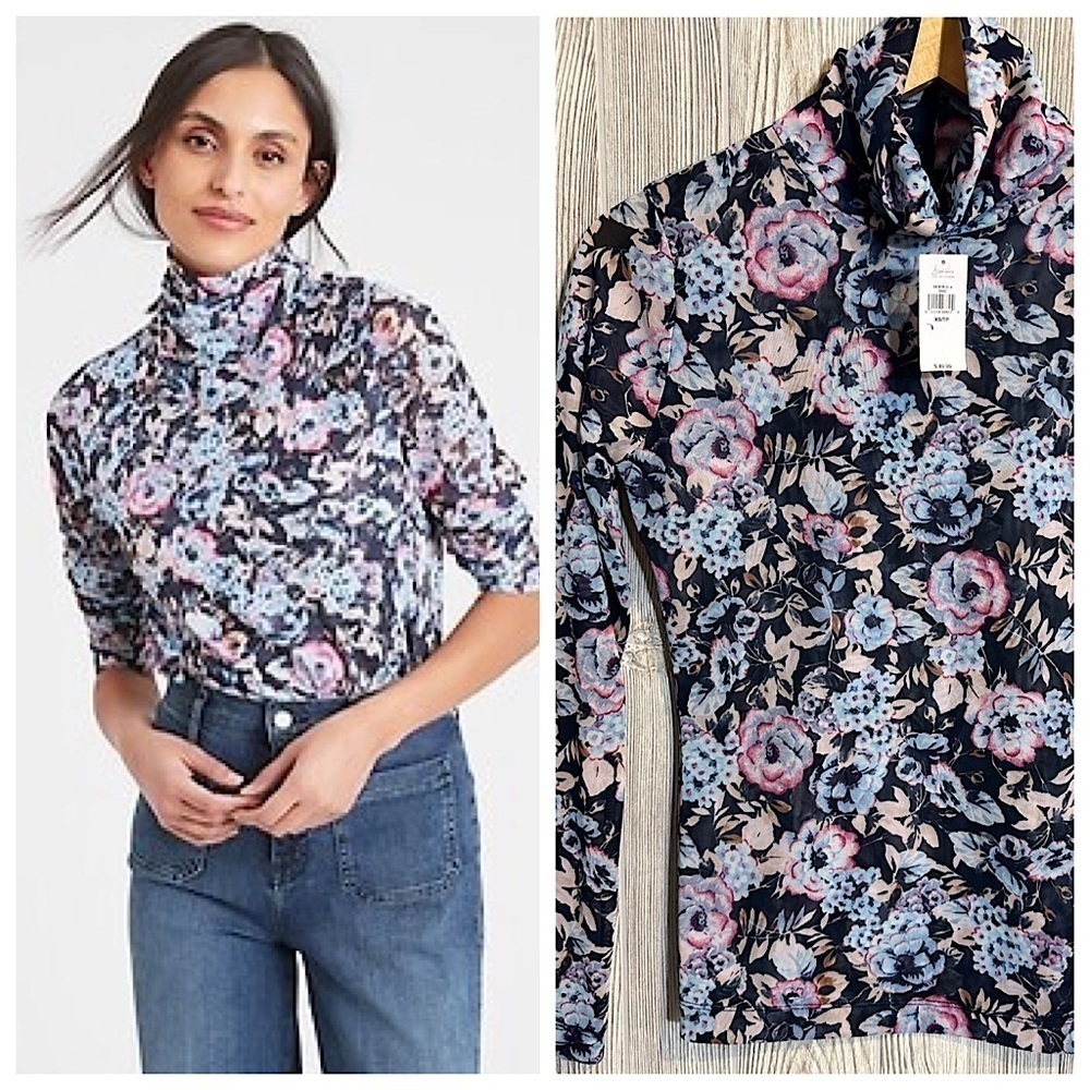 NEW! BANANA REPUBLIC MESH SHEER Shirt Top Long Sleeve Size XS Floral Turtleneck